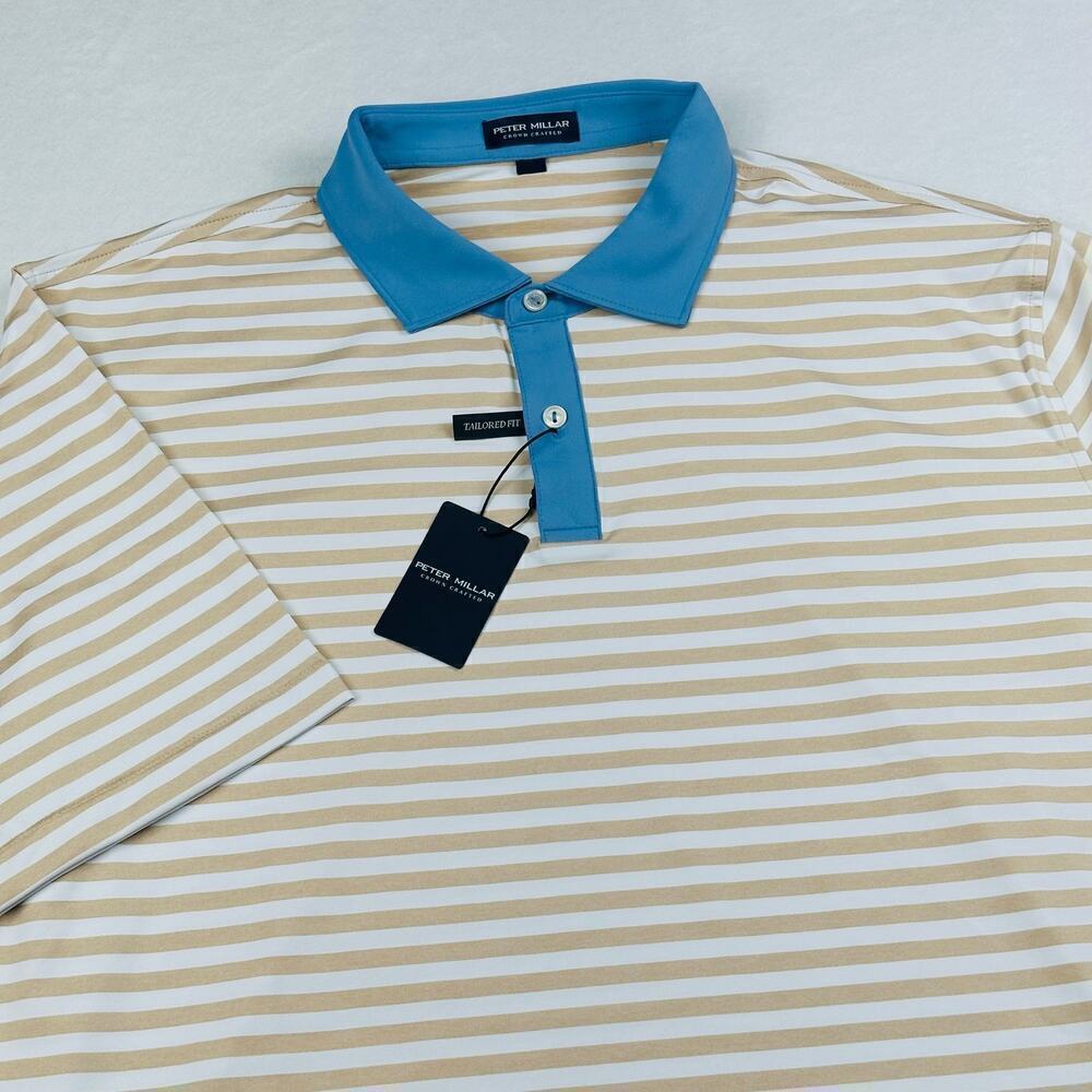 Peter Millar Men’s XXL Bold Stripe Print Gold Blue Golf Polo Shirt Crown Crafted